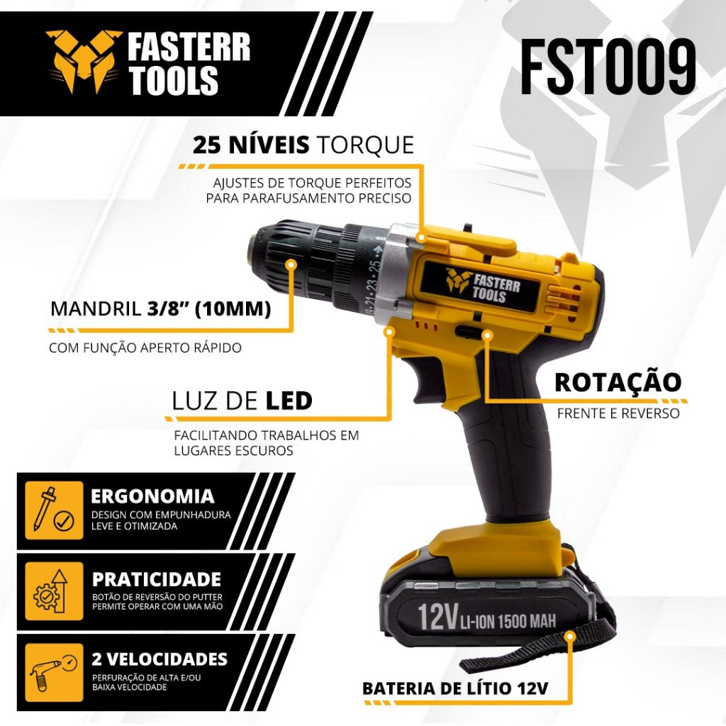 Furadeira e Parafusadeira FST009 3/8 12V - Fasterr