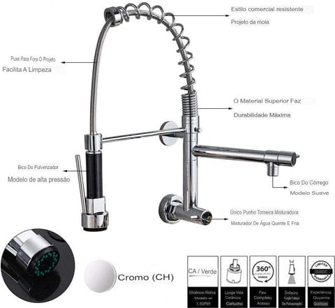 Torneira Gourmet Extensível De Parede Dual Spray Monocomando JassPoll